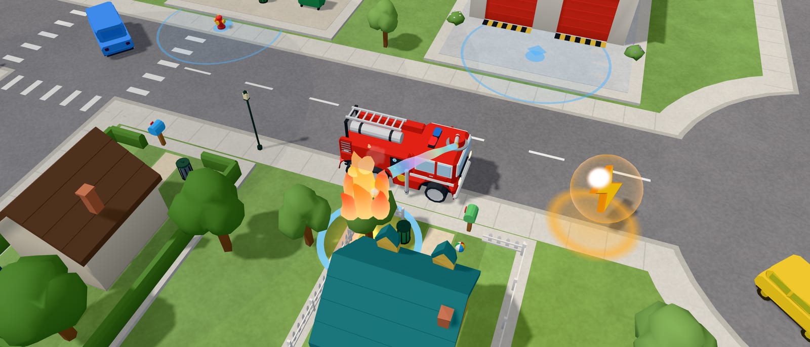 The red fire truck spraying rainbow water on a burning tree in a toy town